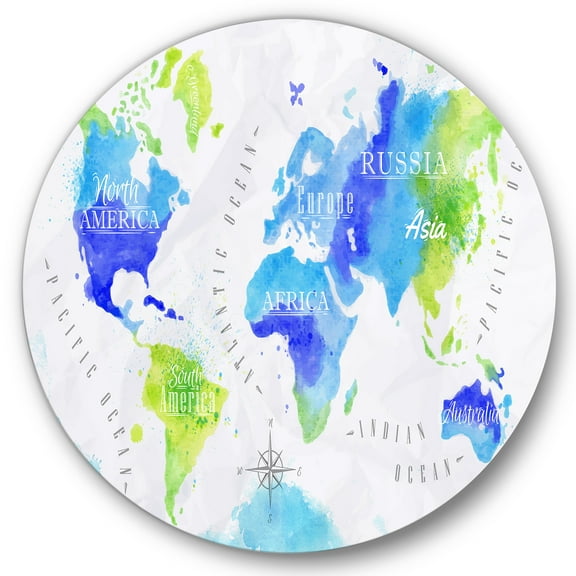 Designart 'World Map In Blue and Green' Modern Circle Metal Wall Art 11x11 - Disc of 11