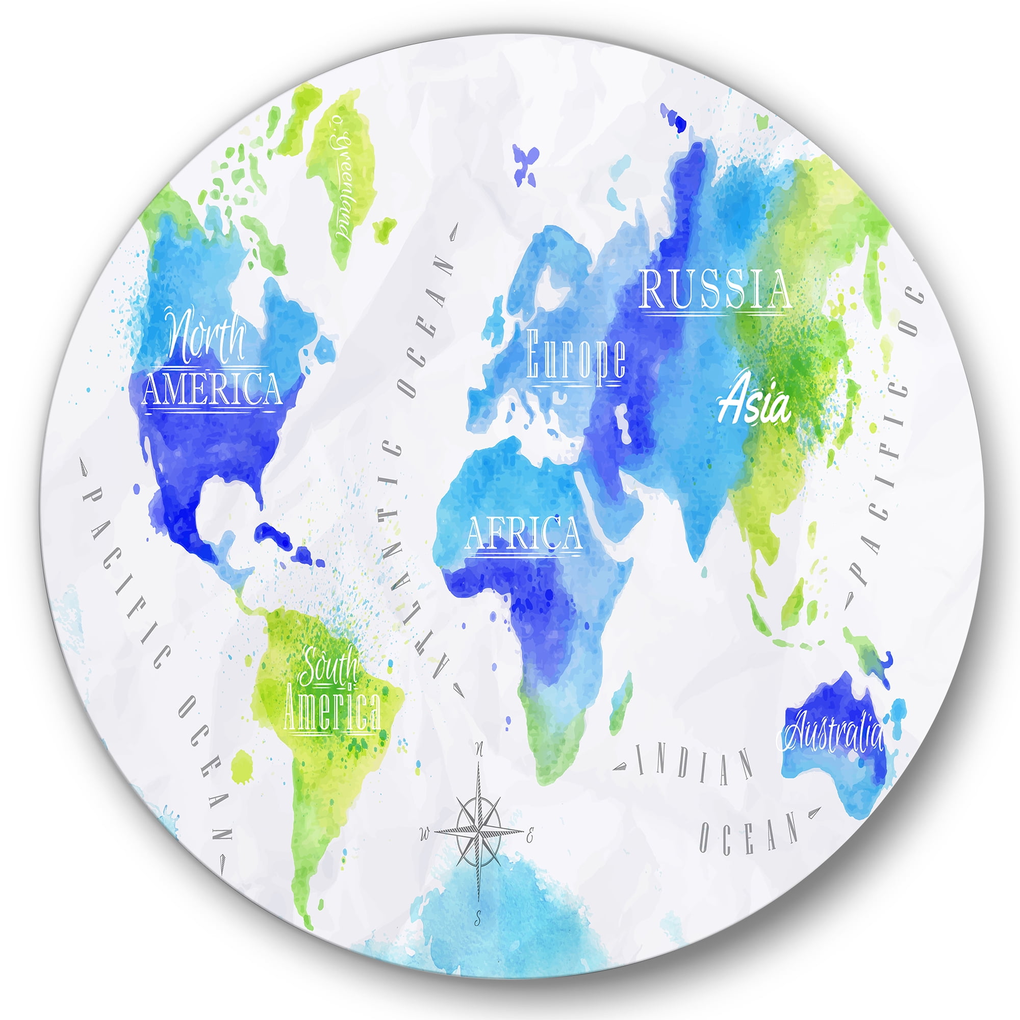 Designart 'World Map In Blue and Green' Modern Circle Metal Wall Art 23x23 - Disc of 23