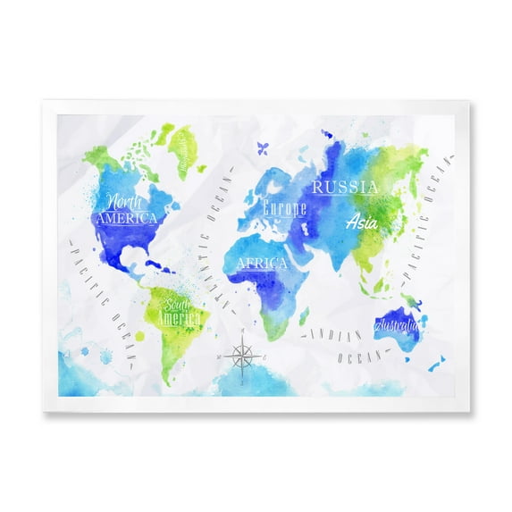 Designart 'World Map In Blue and Green' Modern Framed Art Print