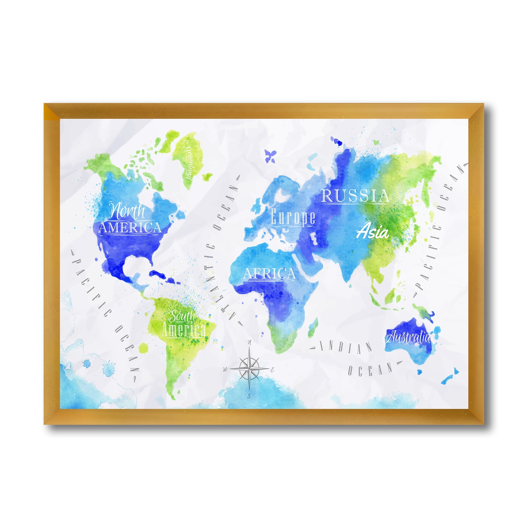 Designart 'World Map In Blue and Green' Modern Framed Art Print