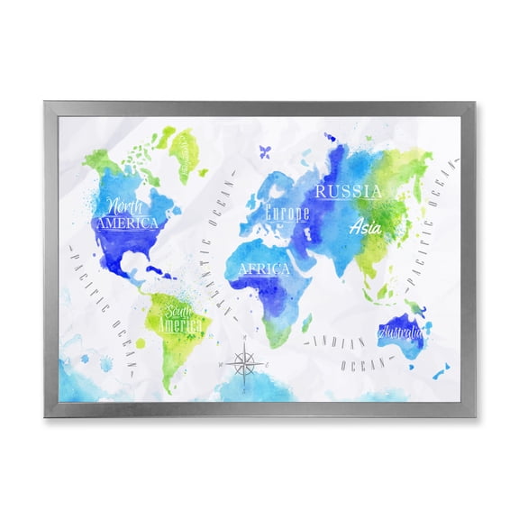 Designart 'World Map In Blue and Green' Modern Framed Art Print