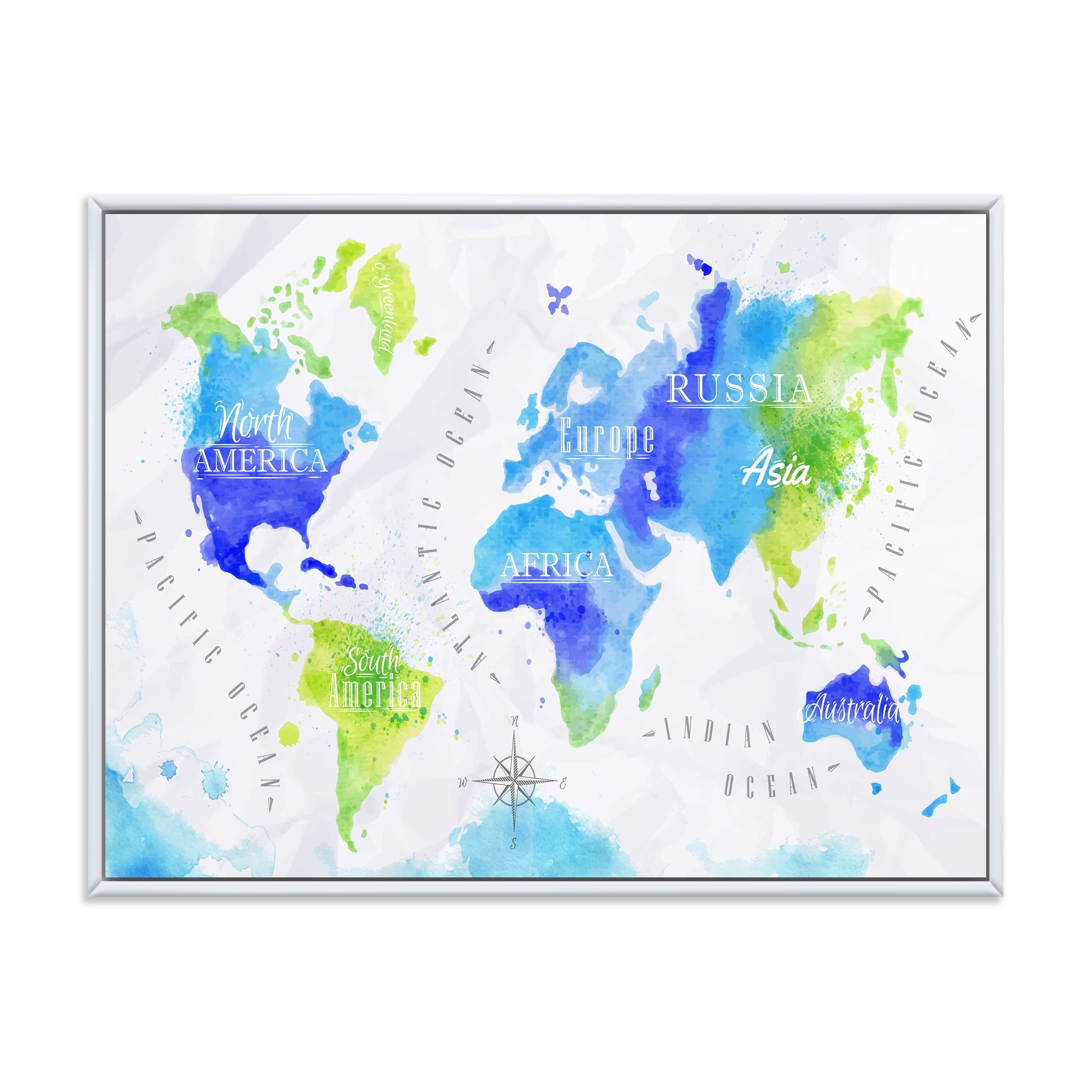 Designart 'World Map In Blue and Green' Modern Framed Canvas Wall Art Print