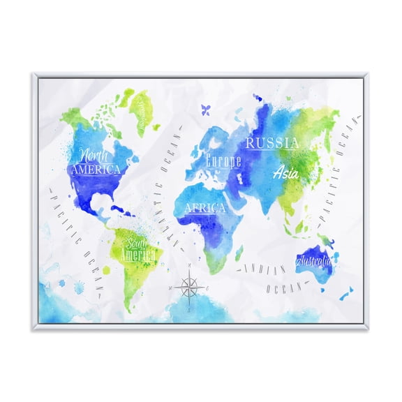 Designart 'World Map In Blue and Green' Modern Framed Canvas Wall Art Print
