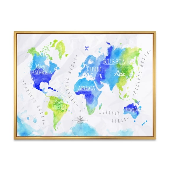 Designart 'World Map In Blue and Green' Modern Framed Canvas Wall Art Print