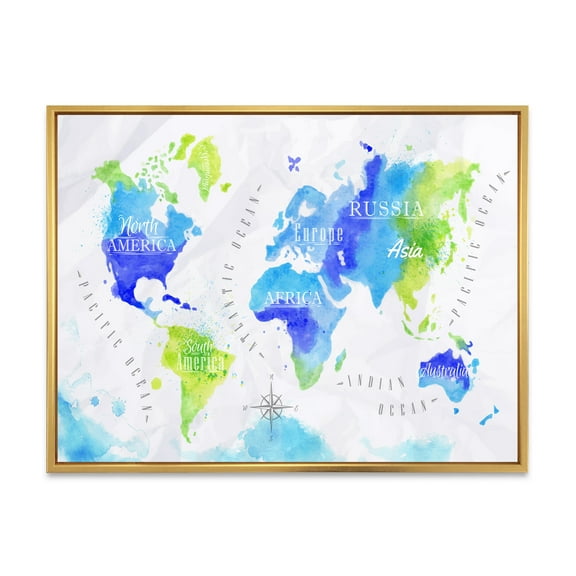Designart 'World Map In Blue and Green' Modern Framed Canvas Wall Art Print