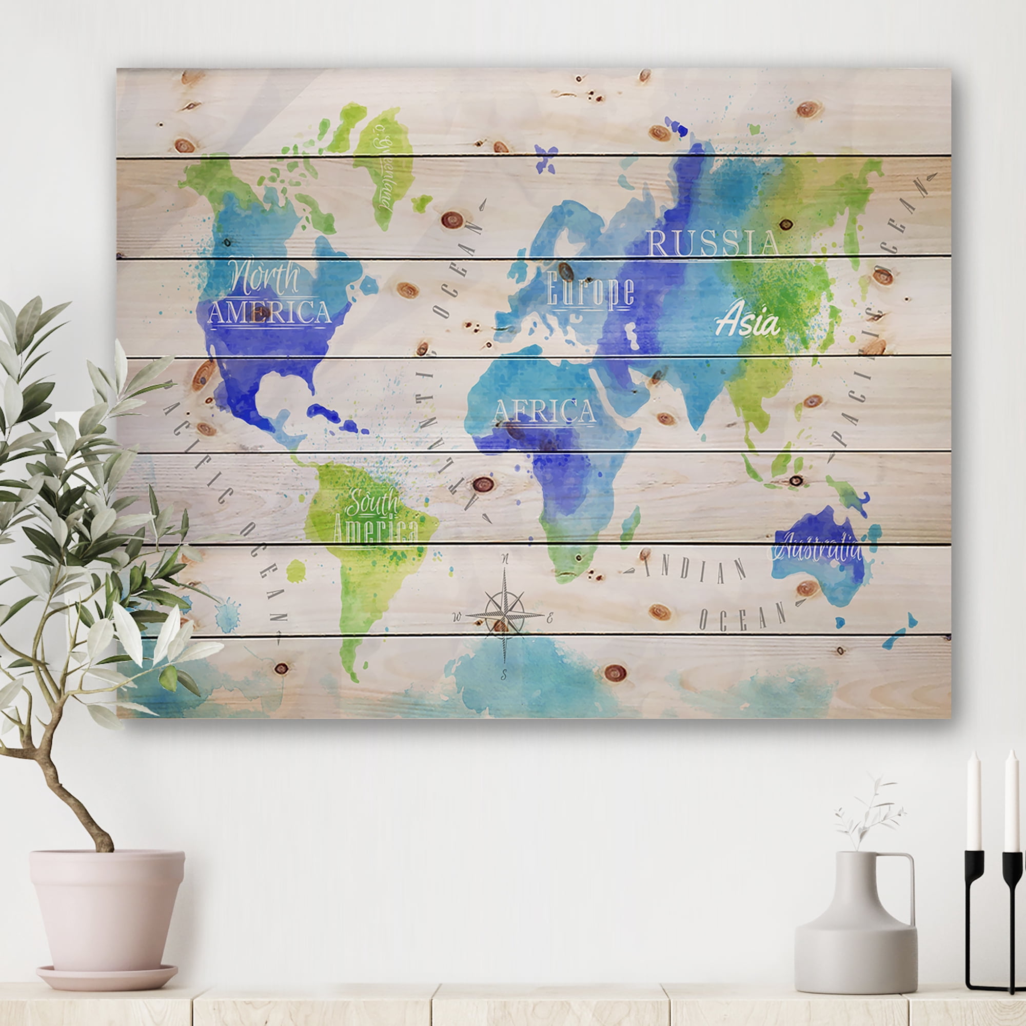 Designart 'World Map In Blue and Green' Modern Print on Natural Pine Wood