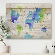 Designart World Map In Blue and Green Modern Print on Natural Pine Wood