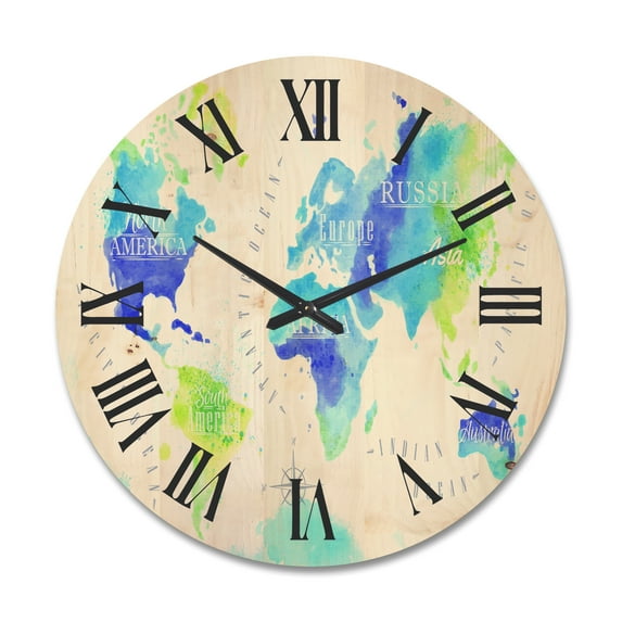 Designart 'World Map In Blue and Green' Modern Wood Wall Clock