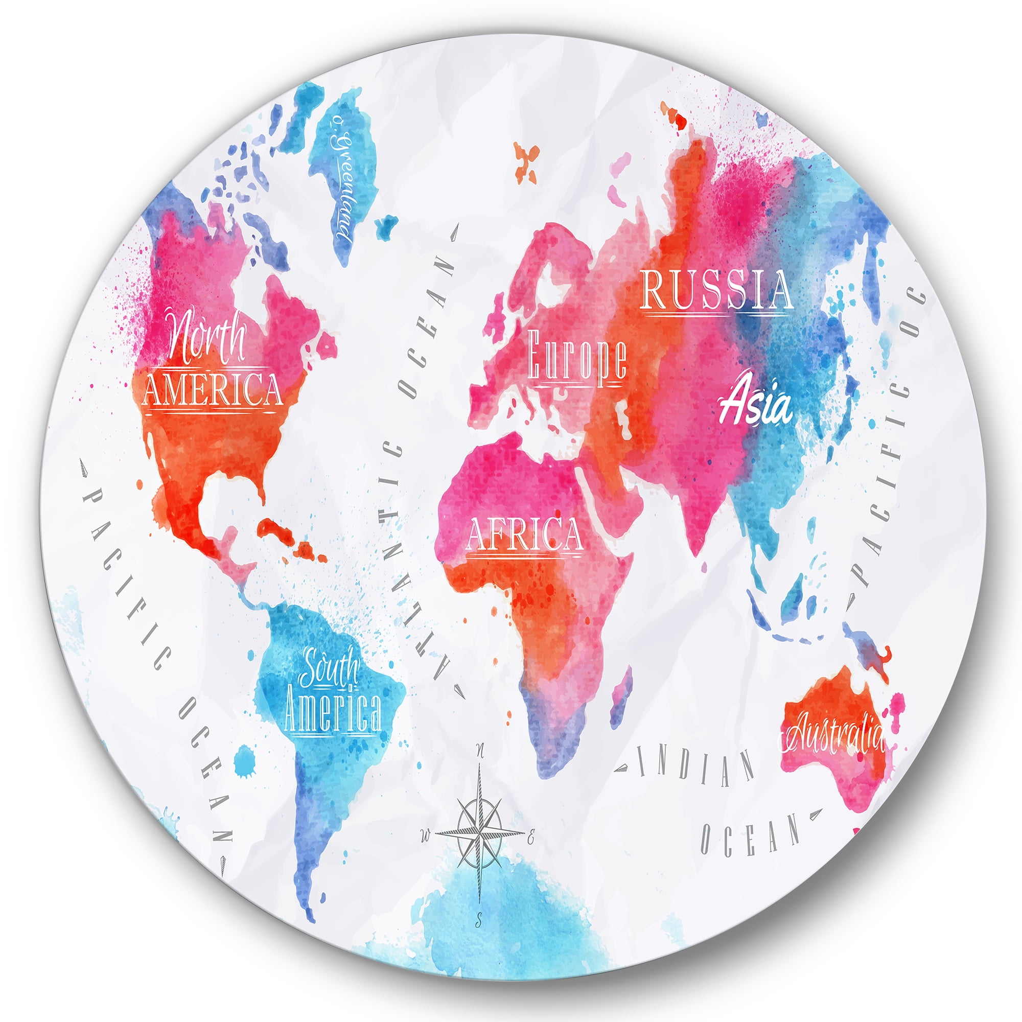 Designart 'World Map In Blue and Pink' Modern Circle Metal Wall Art 23x23 - Disc of 23
