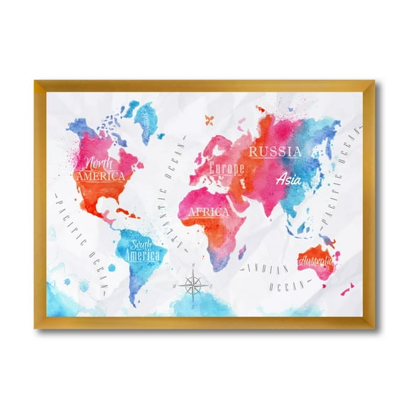 Designart 'World Map In Blue and Pink' Modern Framed Art Print
