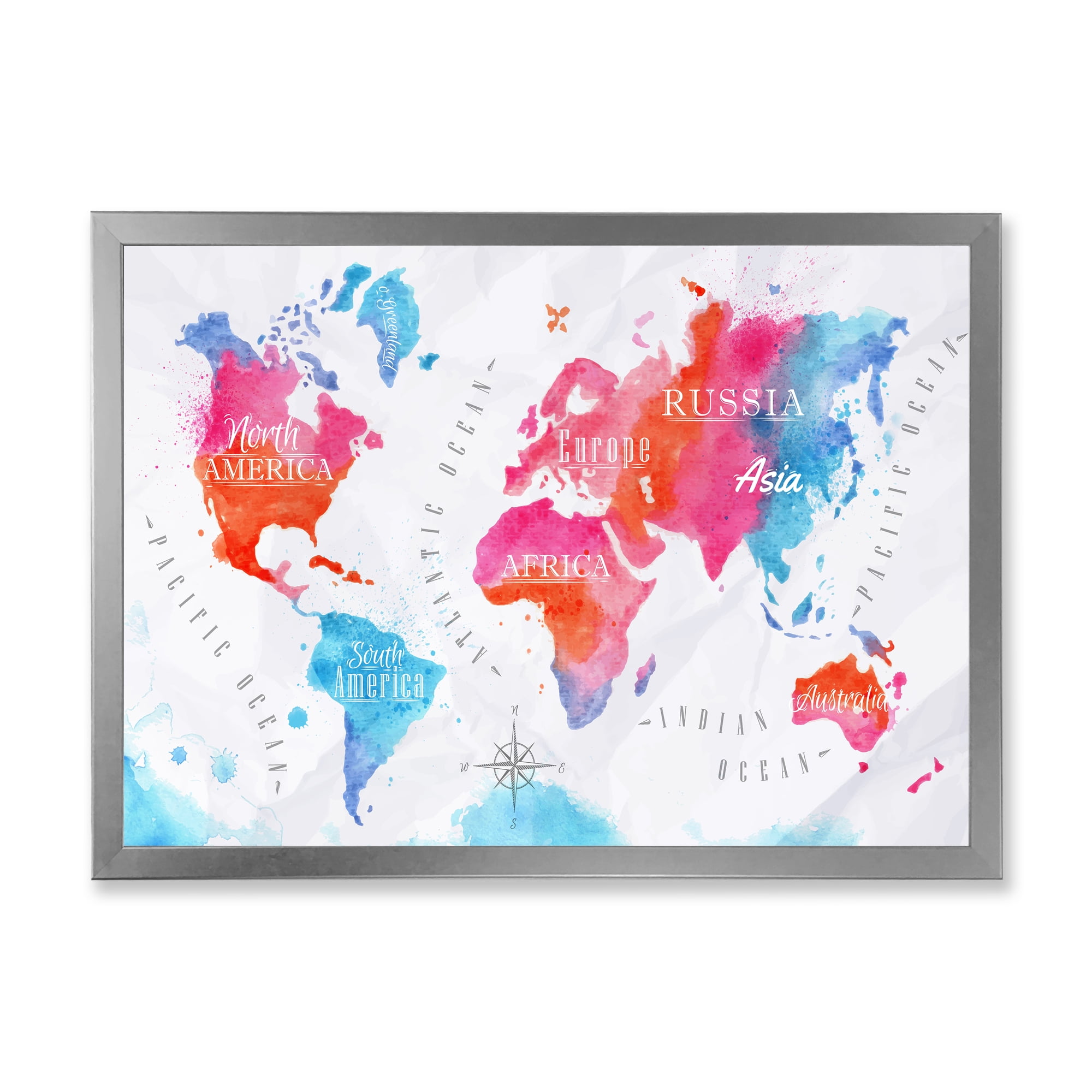 Designart 'World Map In Blue and Pink' Modern Framed Art Print