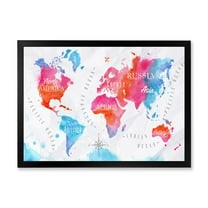 Designart 'World Map In Blue and Pink' Modern Framed Art Print
