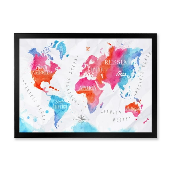 Designart 'World Map In Blue and Pink' Modern Framed Art Print