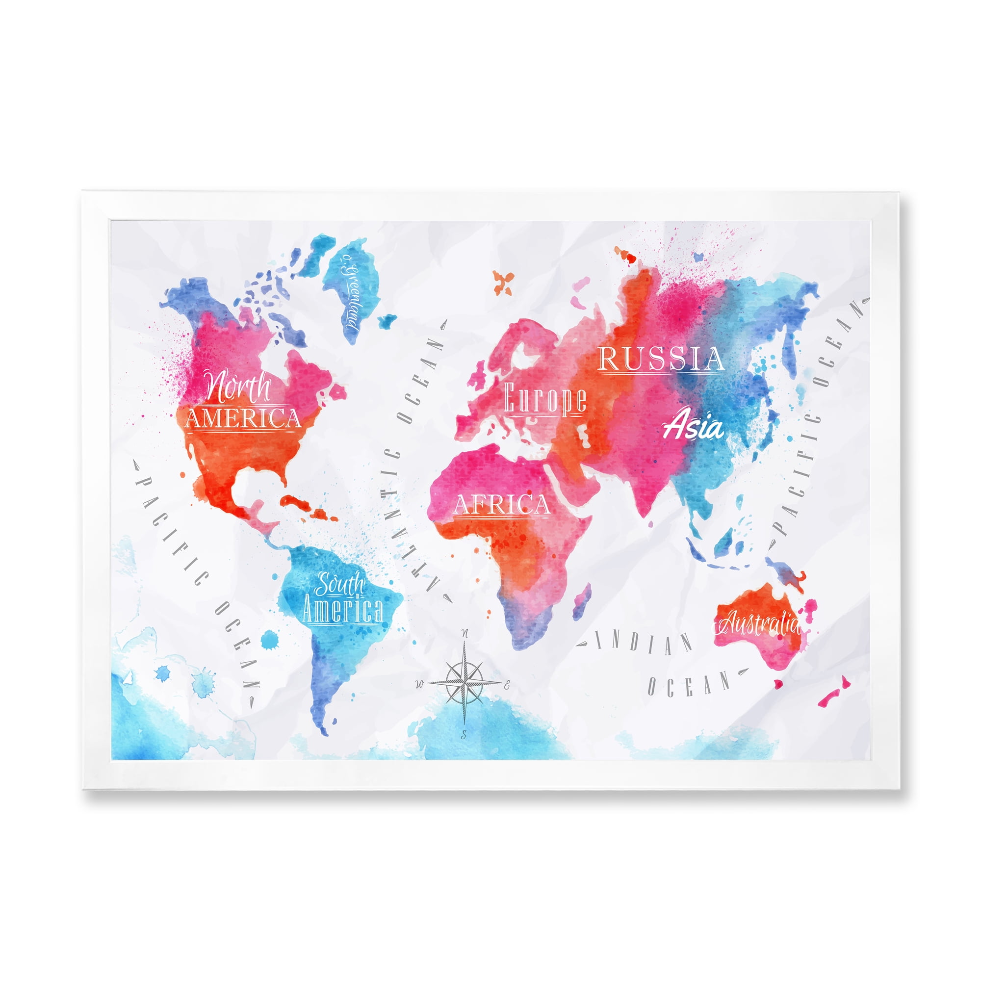Designart 'World Map In Blue and Pink' Modern Framed Art Print