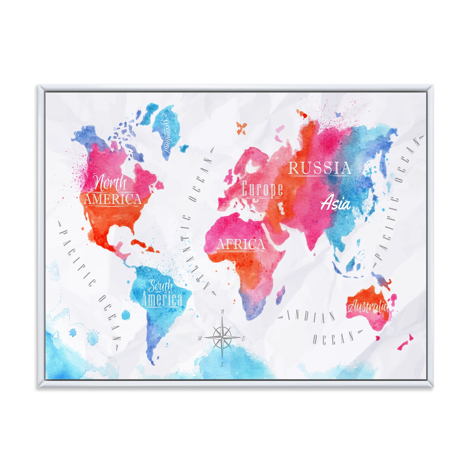 Designart 'World Map In Blue and Pink' Modern Framed Canvas Wall Art Print