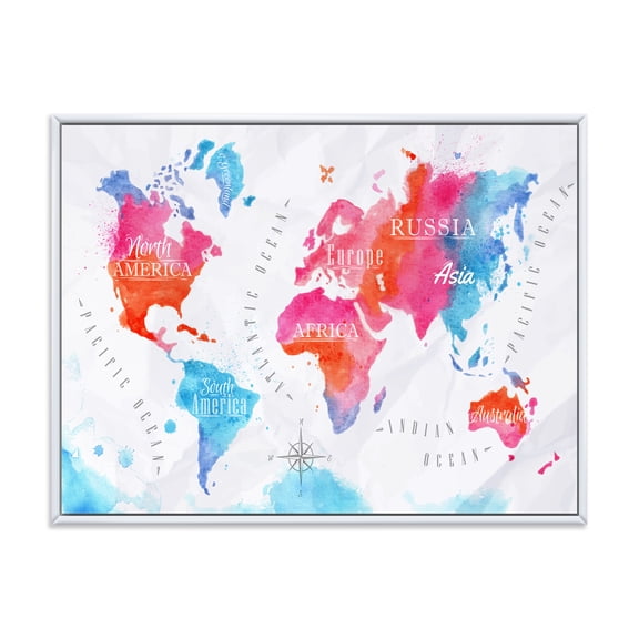 Designart 'World Map In Blue and Pink' Modern Framed Canvas Wall Art Print