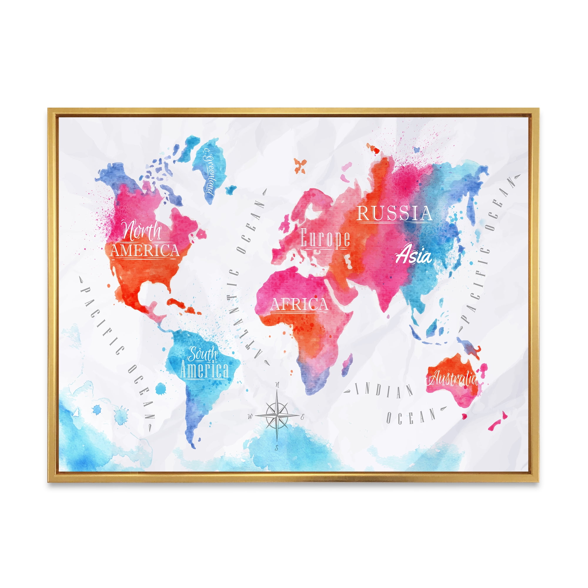 Designart 'World Map In Blue and Pink' Modern Framed Canvas Wall Art Print