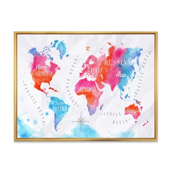 Designart 'World Map In Blue and Pink' Modern Framed Canvas Wall Art Print