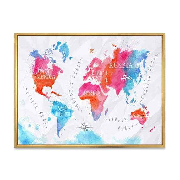 Designart 'World Map In Blue and Pink' Modern Framed Canvas Wall Art Print
