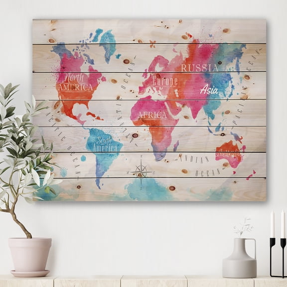 Designart 'World Map In Blue and Pink' Modern Print on Natural Pine Wood