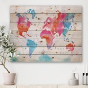 Designart World Map In Blue and Pink Modern Print on Natural Pine Wood