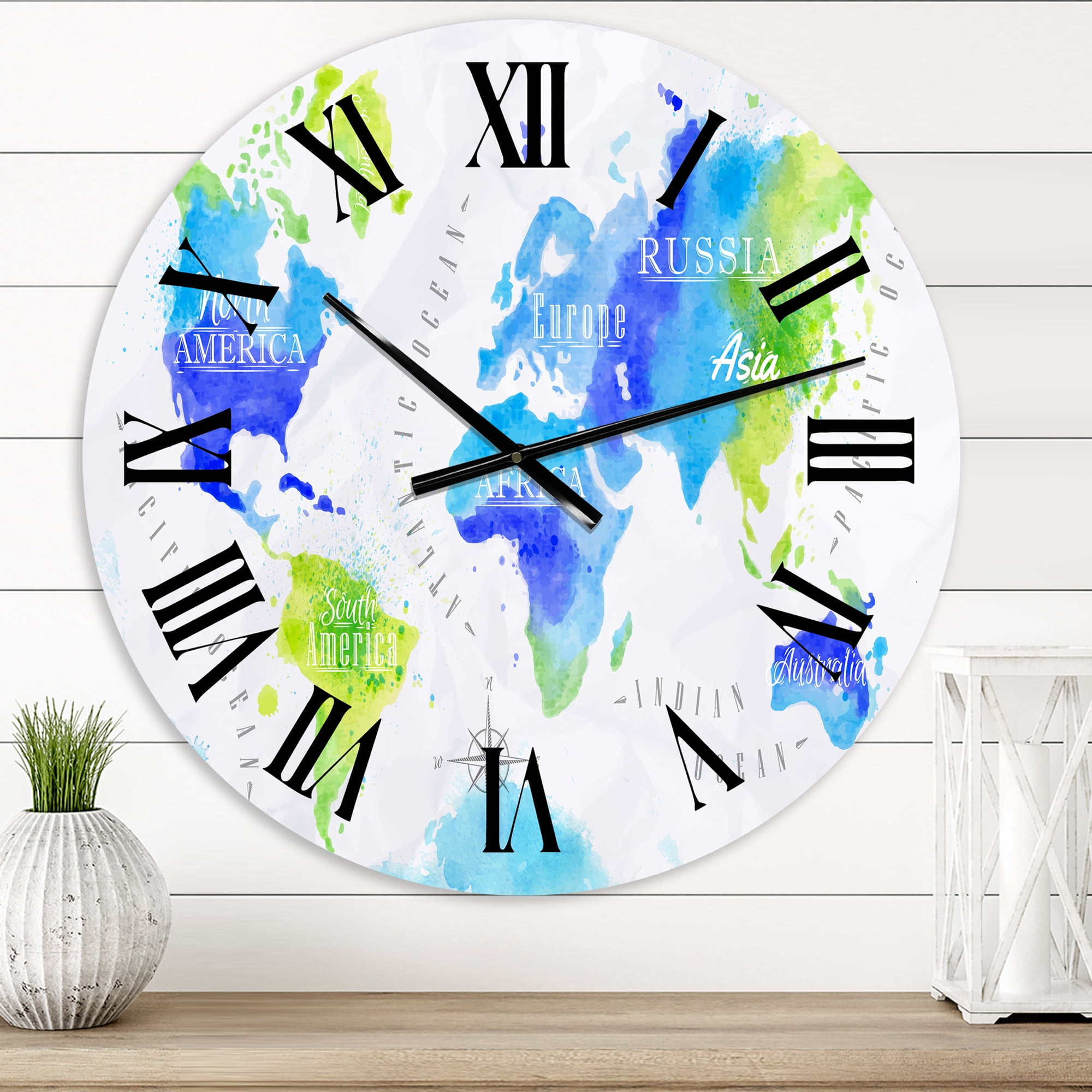 Designart 'World Map In Green And Blue' Modern Wall Clock