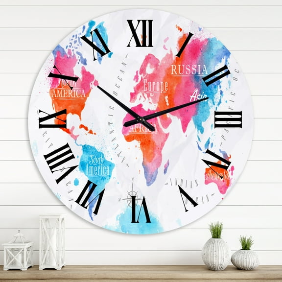 Designart 'World Map In Pink And Blue' Modern Wall Clock