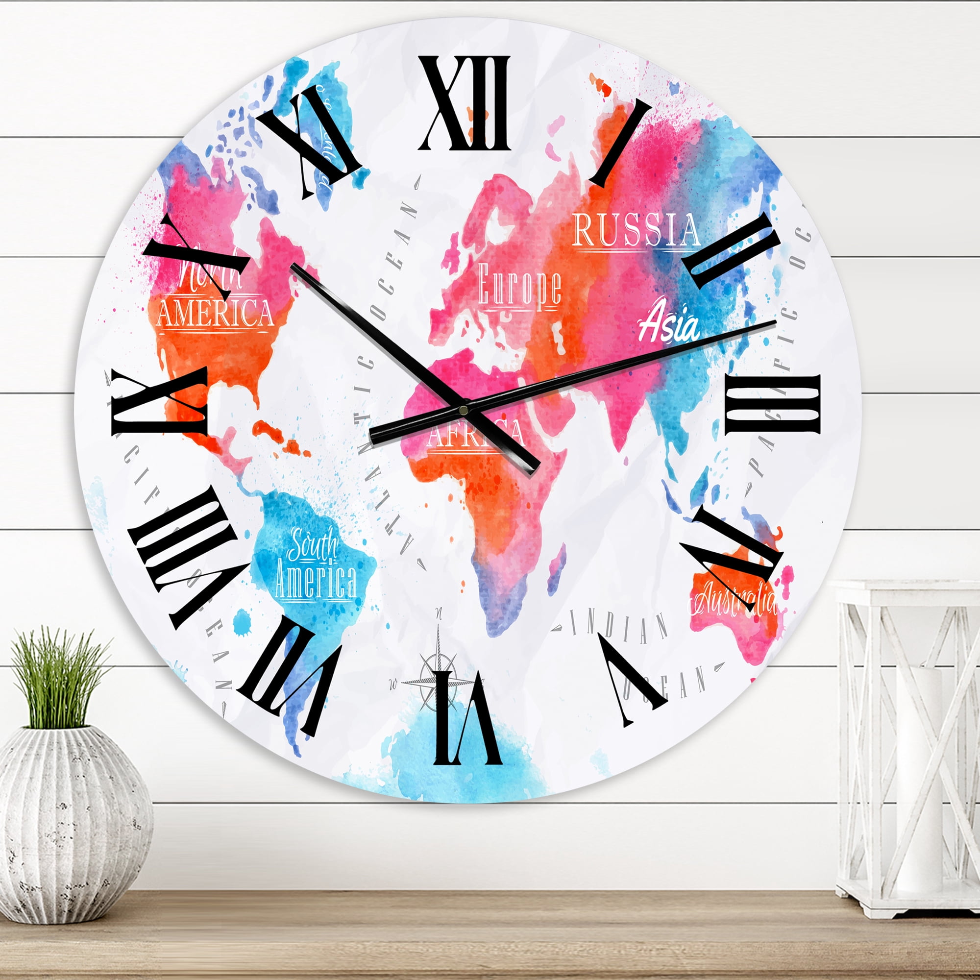 Designart 'World Map In Pink And Blue' Modern Wall Clock