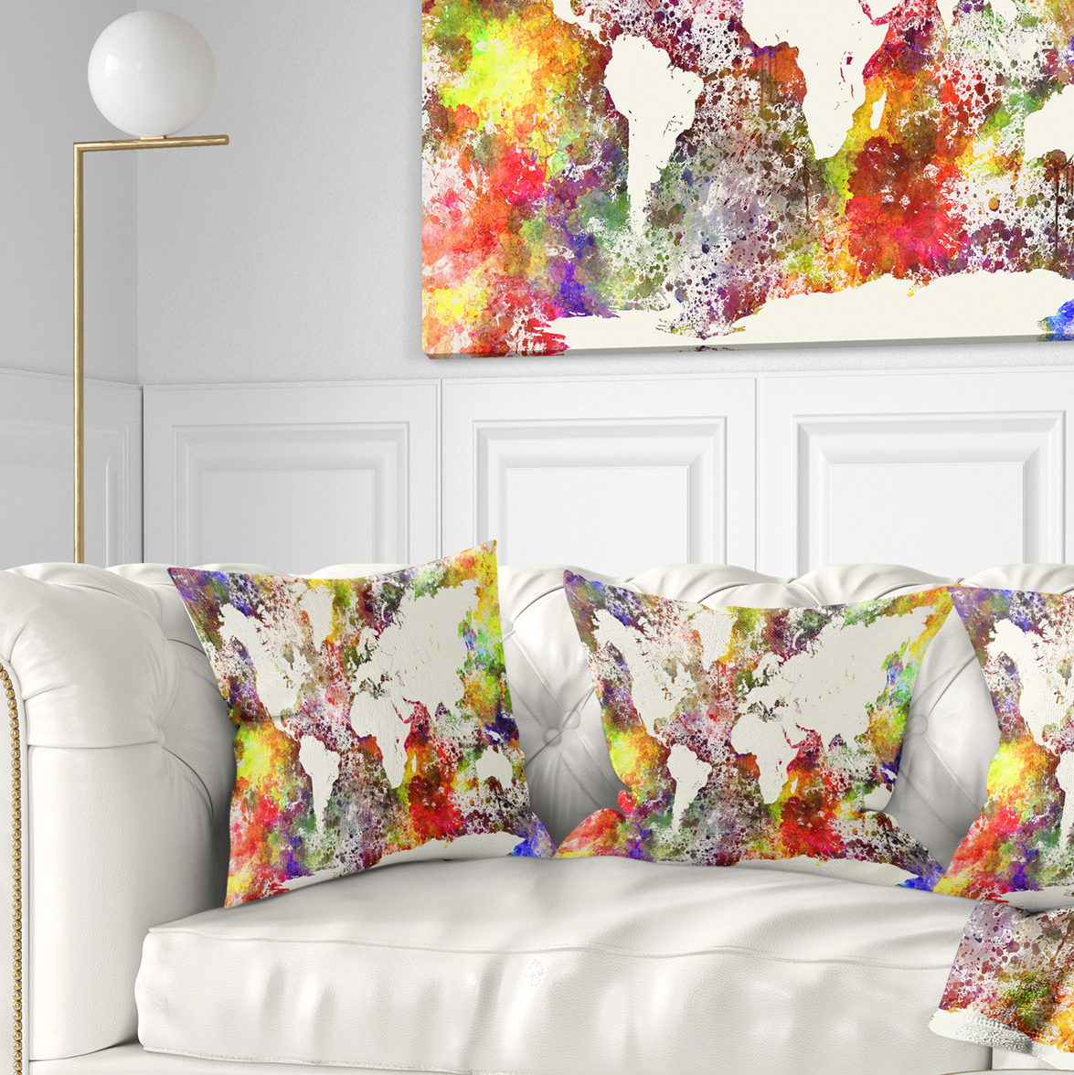 Designart World Map in Great Colors - Watercolor Map Throw Pillow - 16x16