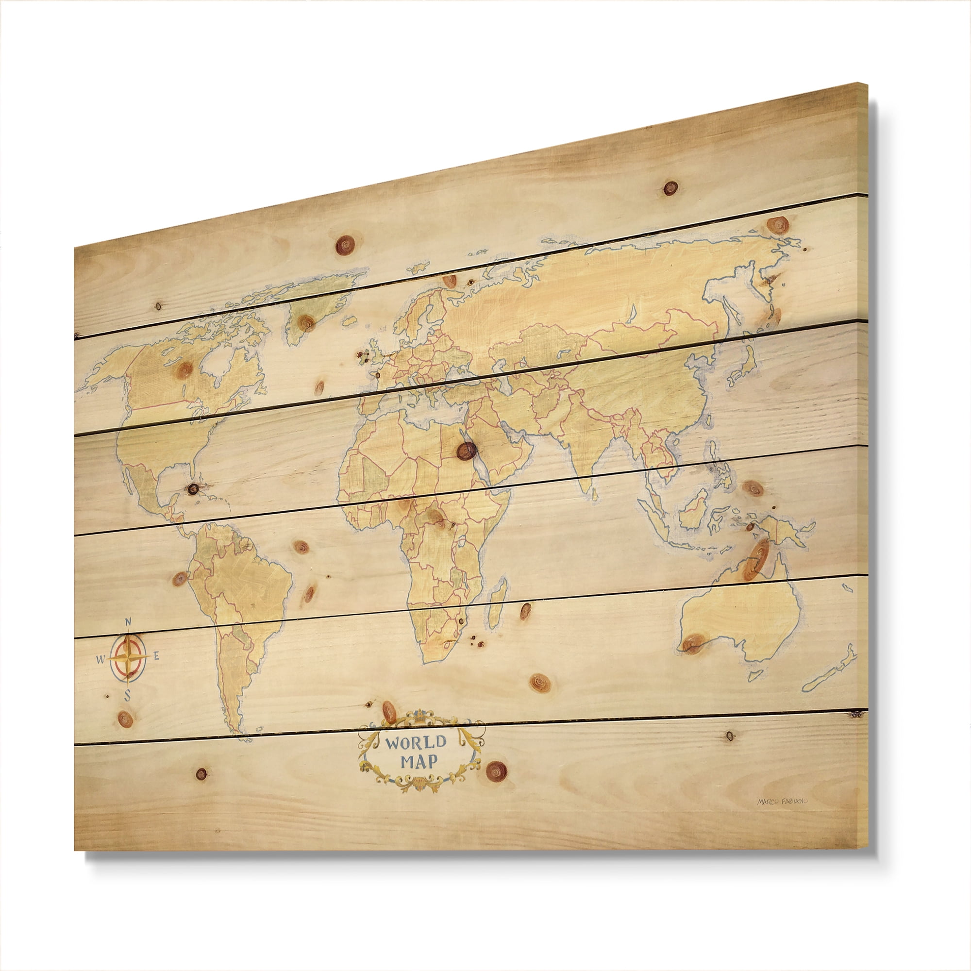 Designart 'World Trekker I Crop' Map Print on Natural Pine Wood
