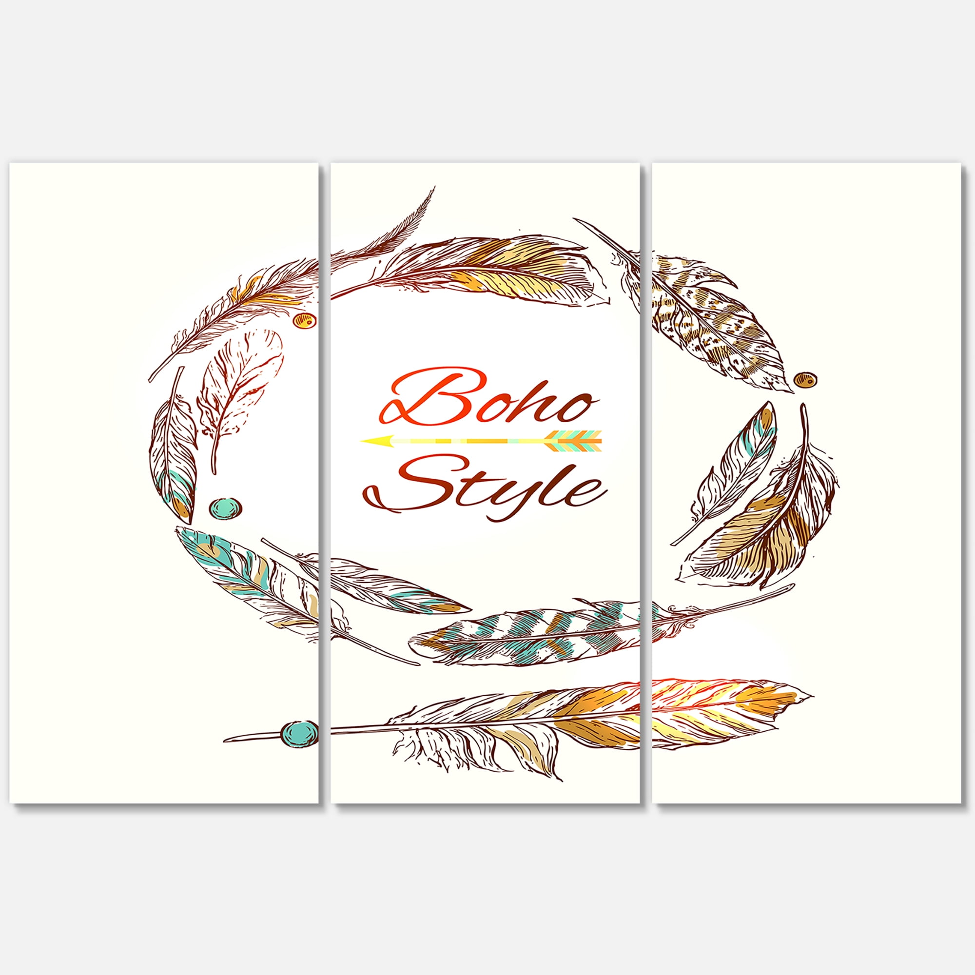 Designart ' Wreath Of Ethnic Beige Boho Feather ' Bohemian & Eclectic Canvas Wall Art Print