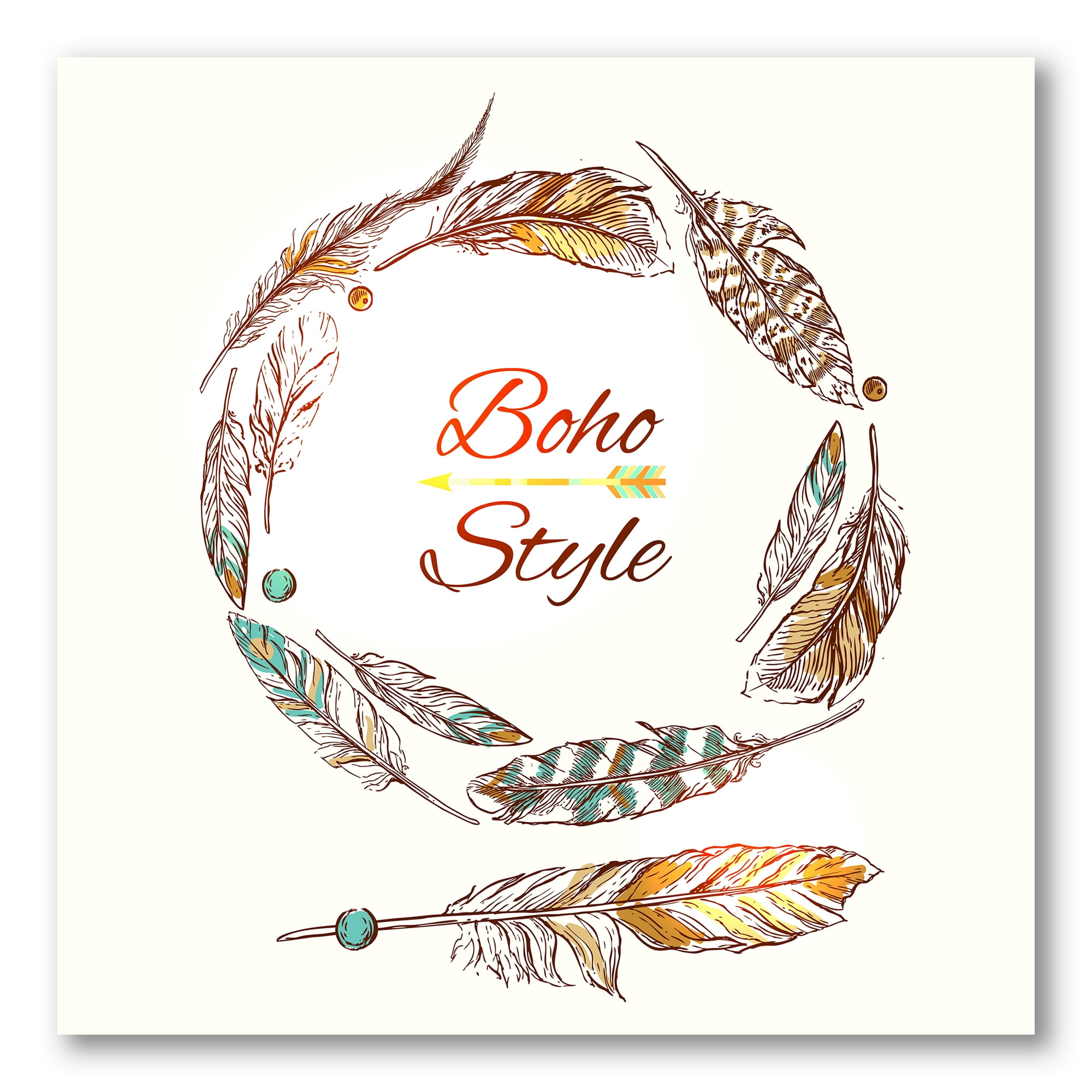 Designart ' Wreath Of Ethnic Beige Boho Feather ' Bohemian & Eclectic Canvas Wall Art Print