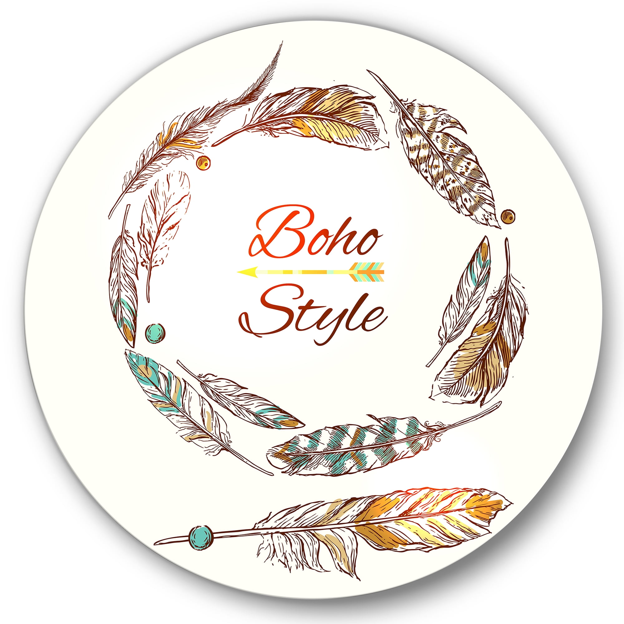 Designart 'Wreath Of Ethnic Beige Boho Feather' Bohemian & Eclectic Circle Metal Wall Art 36x36 - Disc of 36