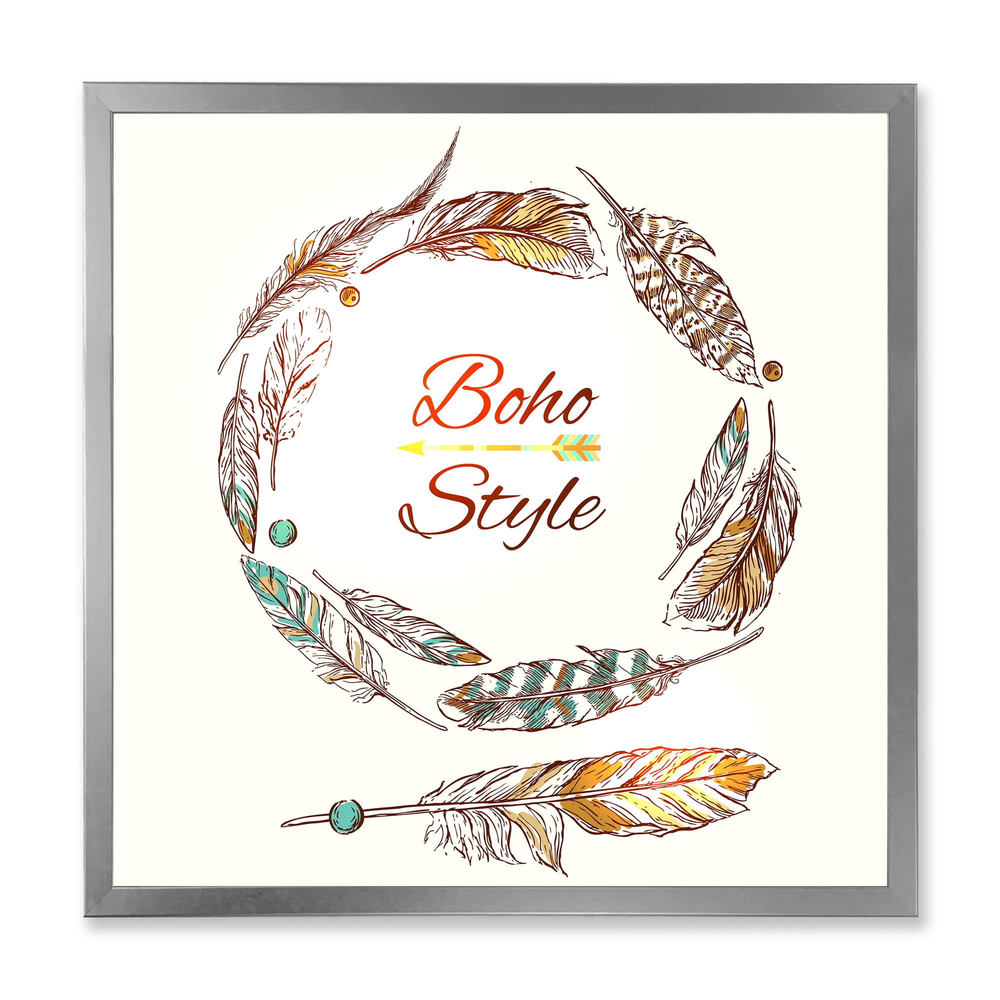 Designart 'Wreath Of Ethnic Beige Boho Feather' Bohemian & Eclectic Framed Art Print