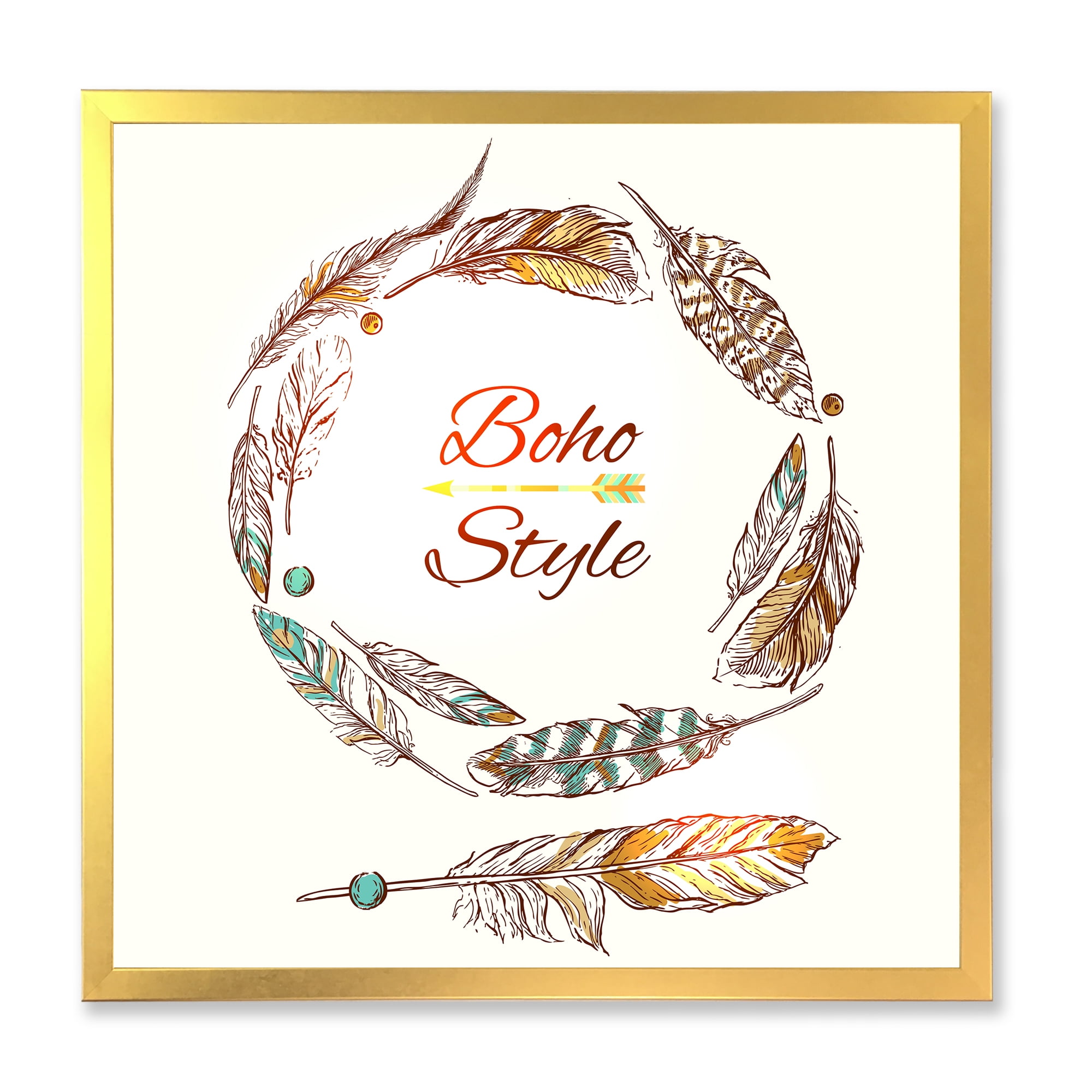 Designart 'Wreath Of Ethnic Beige Boho Feather' Bohemian & Eclectic Framed Art Print