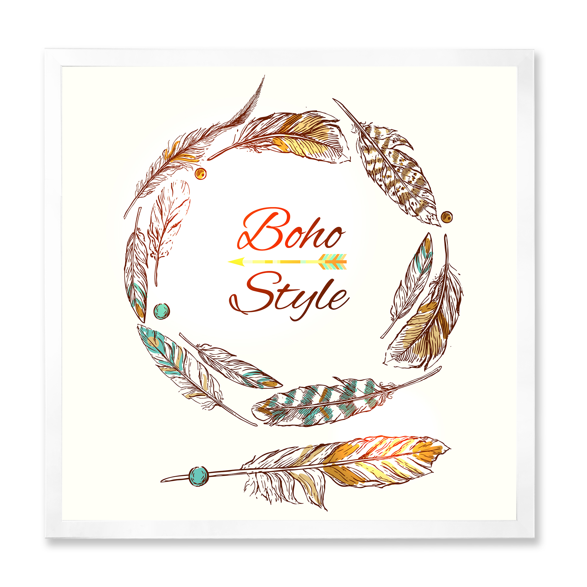 Designart 'Wreath Of Ethnic Beige Boho Feather' Bohemian & Eclectic Framed Art Print