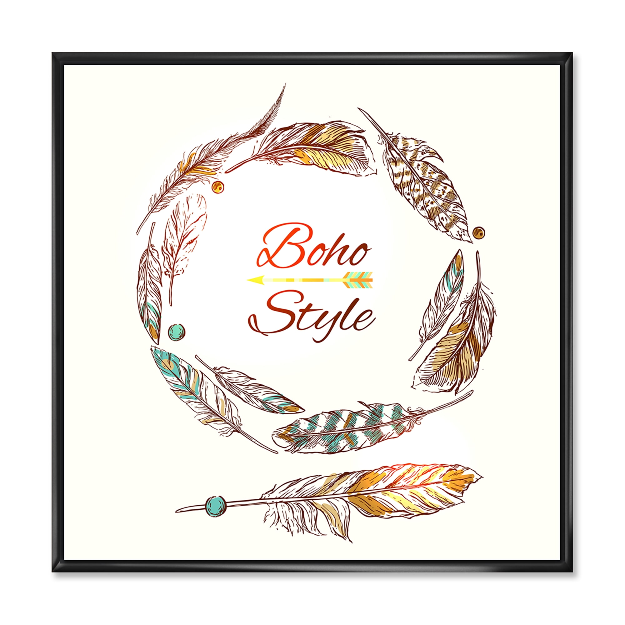 Designart 'Wreath Of Ethnic Beige Boho Feather' Bohemian & Eclectic Framed Canvas Wall Art Print