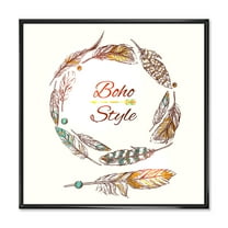 Designart 'Wreath Of Ethnic Beige Boho Feather' Bohemian & Eclectic Framed Canvas Wall Art Print