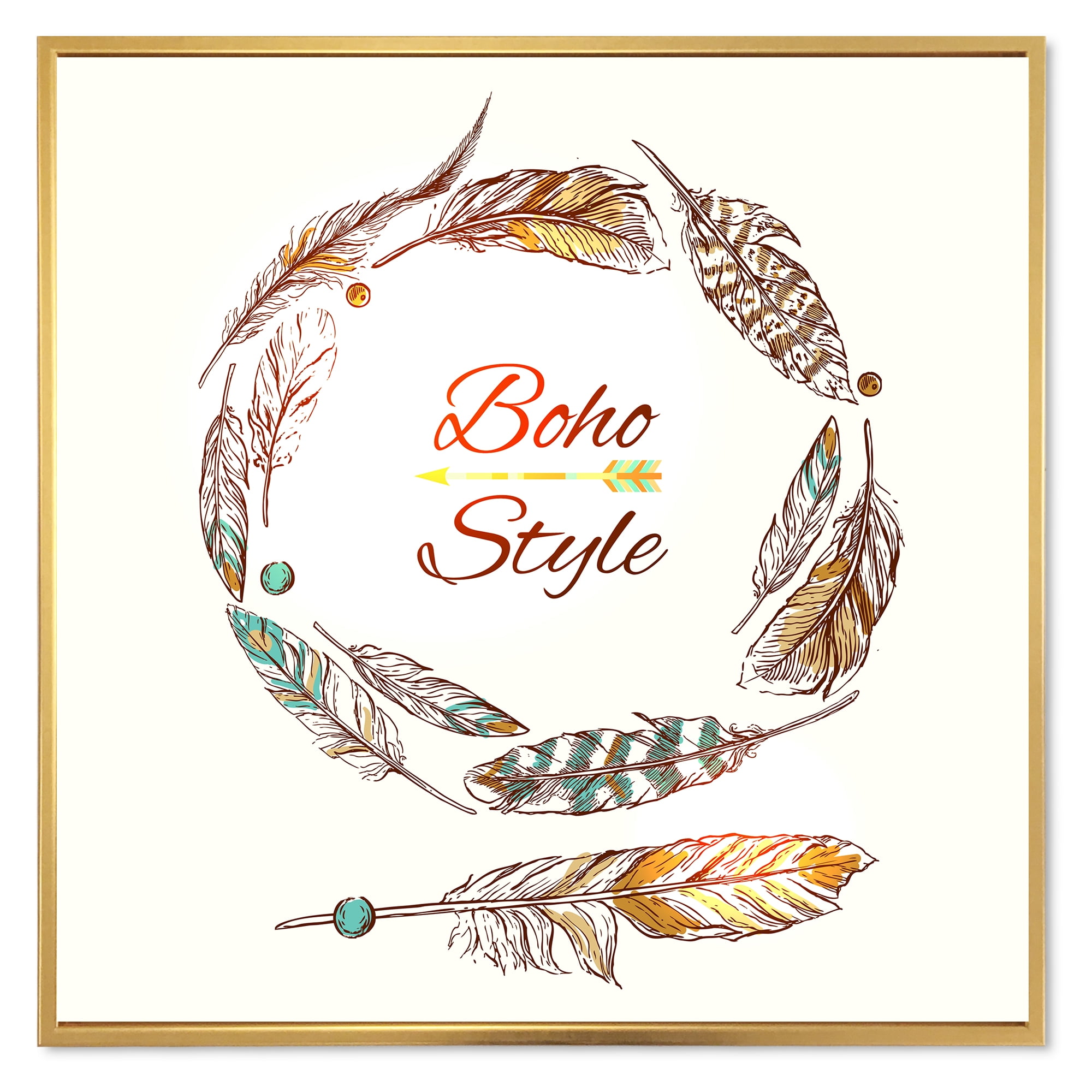 Designart 'Wreath Of Ethnic Beige Boho Feather' Bohemian & Eclectic Framed Canvas Wall Art Print