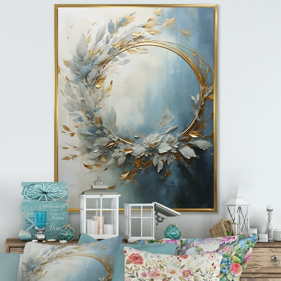 Designart "Wreathed In Blue And Gold Botanical Melody II" Wreath Floater Framed Wall Art Prints