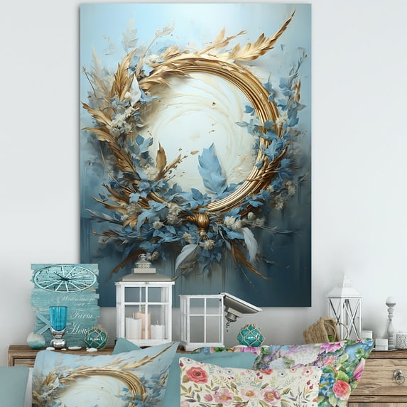 Designart "Wreathed In Blue And Gold Botanical Melody III" Wreath Canvas Prints