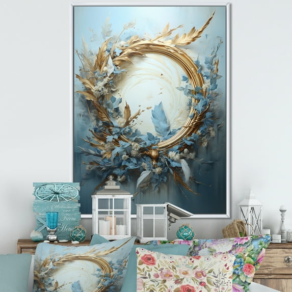 Designart "Wreathed In Blue And Gold Botanical Melody III" Wreath Floater Framed Canvas Prints