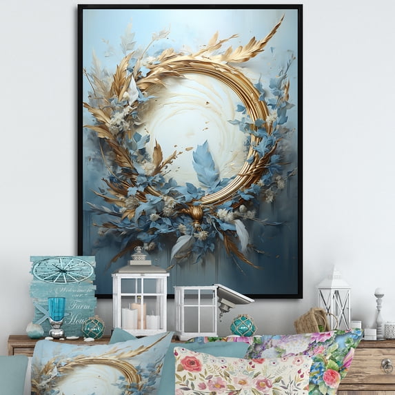 Designart "Wreathed In Blue And Gold Botanical Melody III" Wreath Floater Framed Canvas Prints