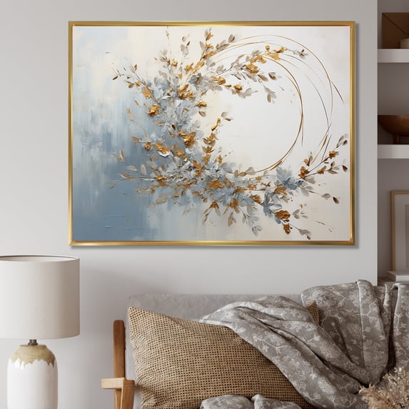 Designart "Wreathed In Blue And Gold Botanical Melody IV" Wreath Floater Framed Wall Decor