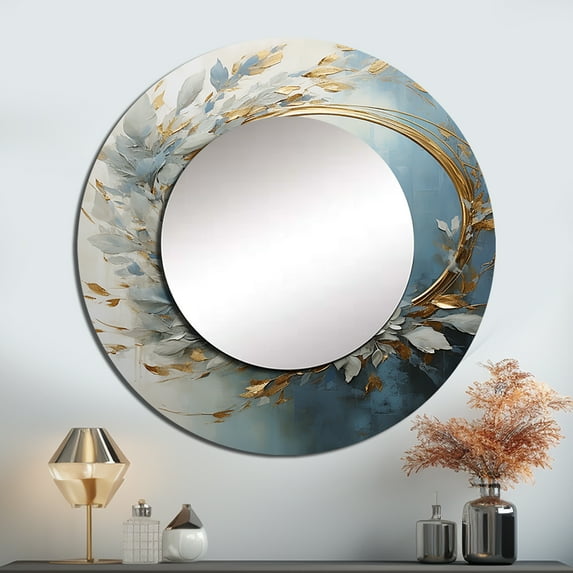 Designart "Wreathed In Blue And Gold Botanical Melody" Wreath Rund Mirror For Wall Decor - Large Beige Round Printed Mirror -Traditional Round Living Room Mirror - 36" x 36"