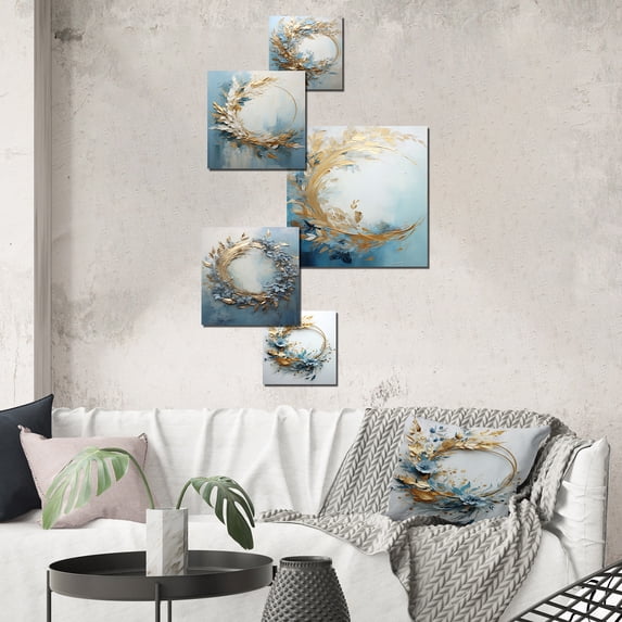 Designart "Wreathed In Blue And Gold Botanical Melody" Wreath Wall Art Set Of 5 - Beige Traditional For Bedroom Wall Art Set