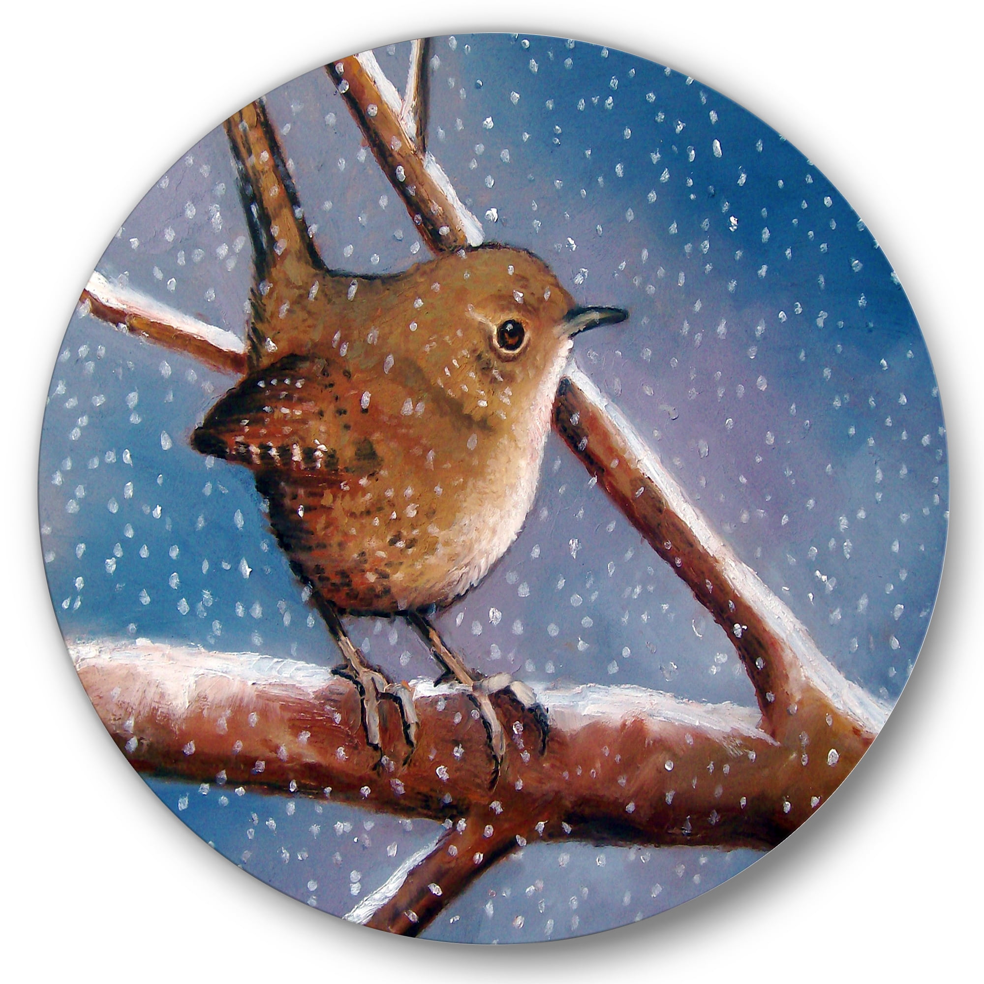 Designart 'Wren Bird On Branch In Winter' Farmhouse Circle Metal Wall Art 29x29 - Disc of 29