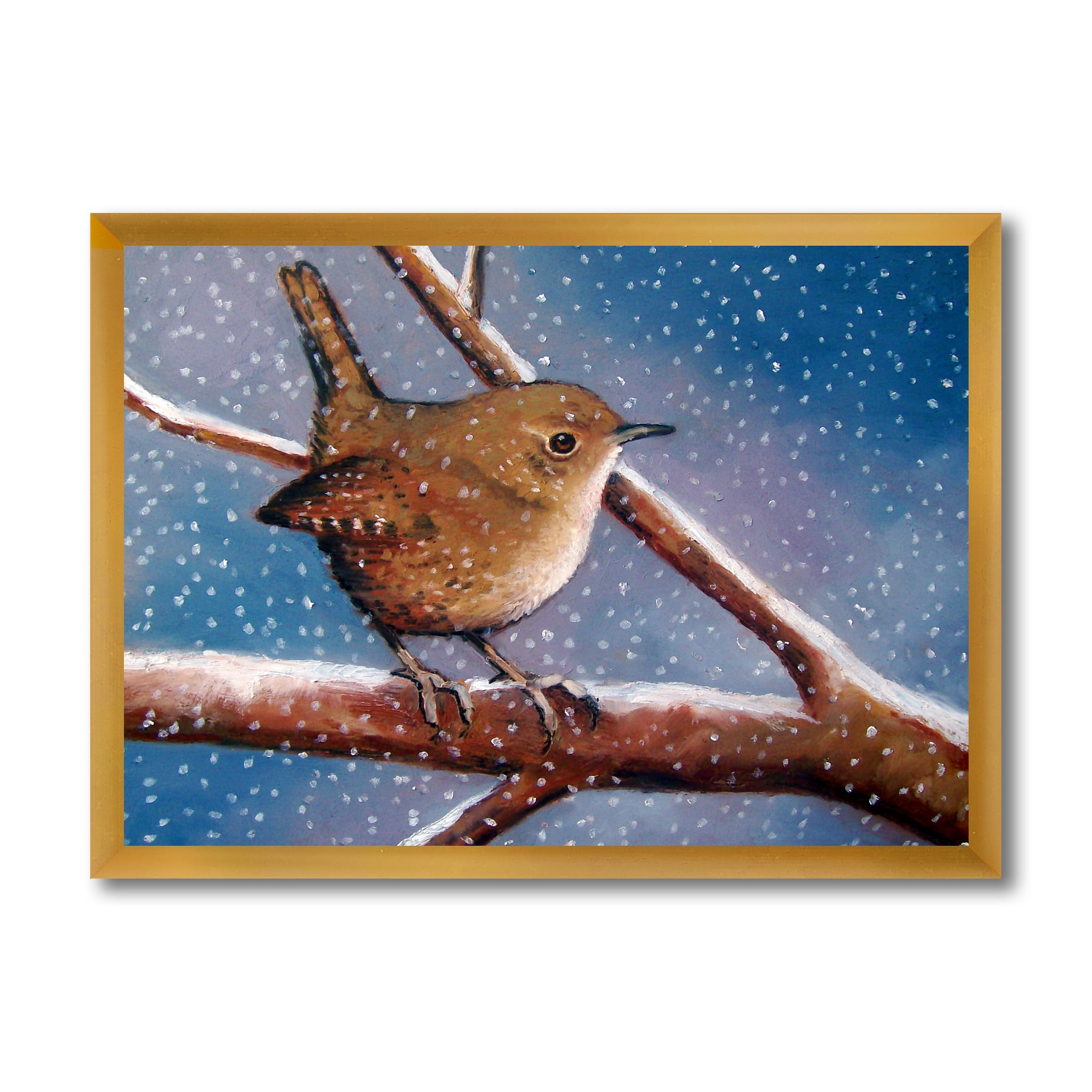 Designart 'Wren Bird On Branch In Winter' Farmhouse Framed Art Print