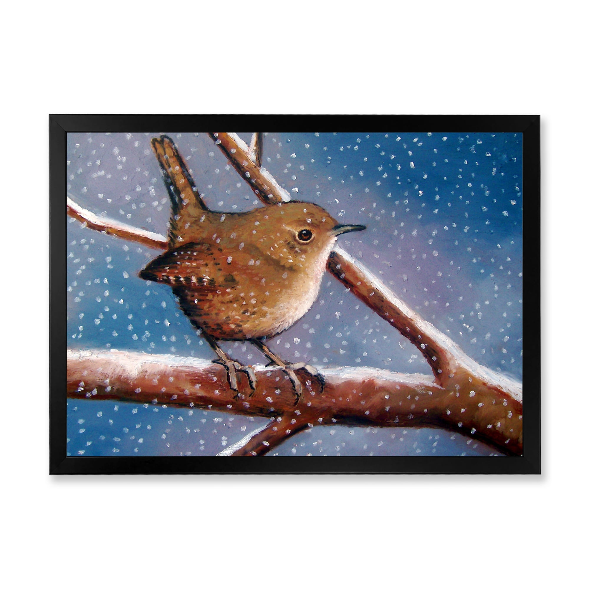 Designart 'Wren Bird On Branch In Winter' Farmhouse Framed Art Print