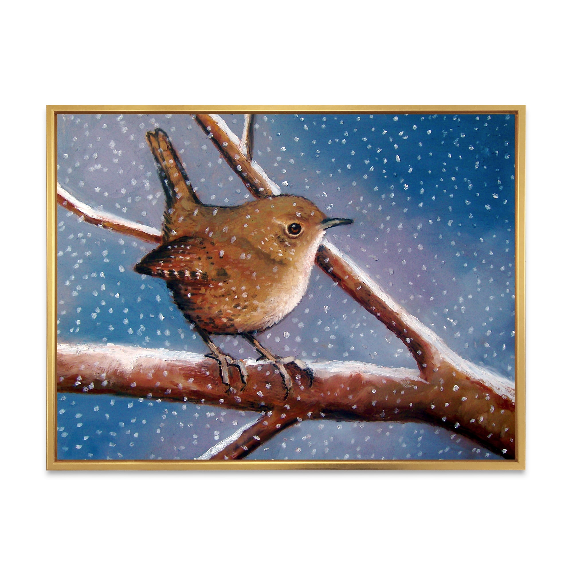 Designart 'Wren Bird On Branch In Winter' Farmhouse Framed Canvas Wall Art Print